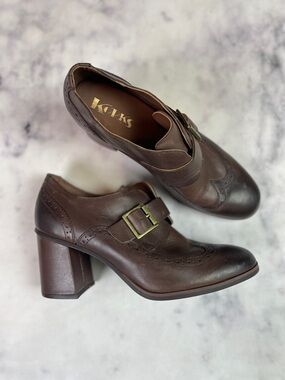 KORKS Withrow Brown Leather Monk Strap Wingtip Block Heel Oxfords Sz 9